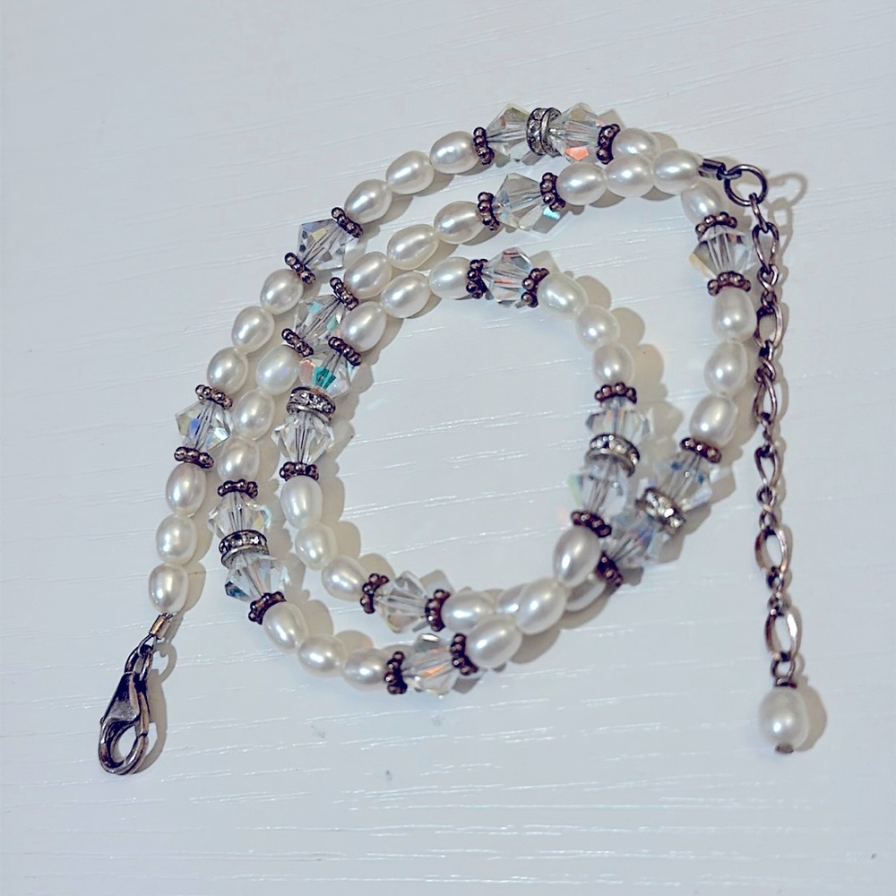 925 sterling silver fresh water pearl & crystal 17” necklace - Picture 3 of 5